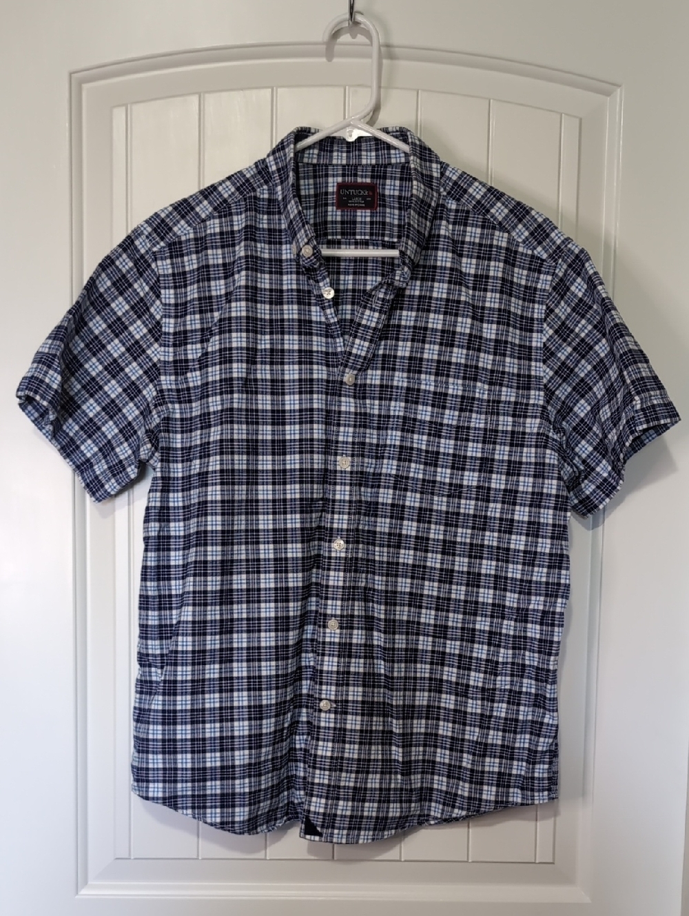 UNTUCKit Men's Blue & White 100% Cotton Plaid Short Sleeve Button-Down Large